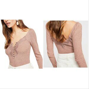 Free People To The West Cedarwood Fitted Ribbed Lace Long Sleeve Top Size Medium